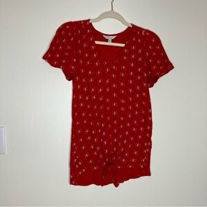 Lucky Brand red print tie front thermal short sleeve top S